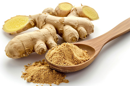 Ground dry ginger in wooden spoon isolated on white background, a Food & Drink Photo by AlyaAnd