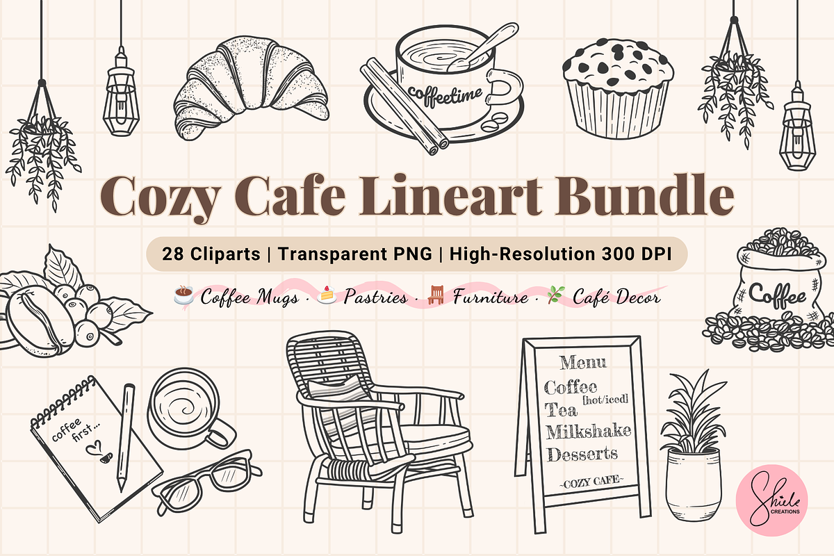 Cozy Cafe Line Art | Coffee Cliparts, a Food Illustration by shielscreations (Photo 1 of 4)