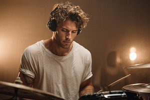 Musician performs on drums in intimate studio setting, a Person Photo by OSORIOartist