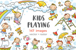 Doodle cartoon kids playing set