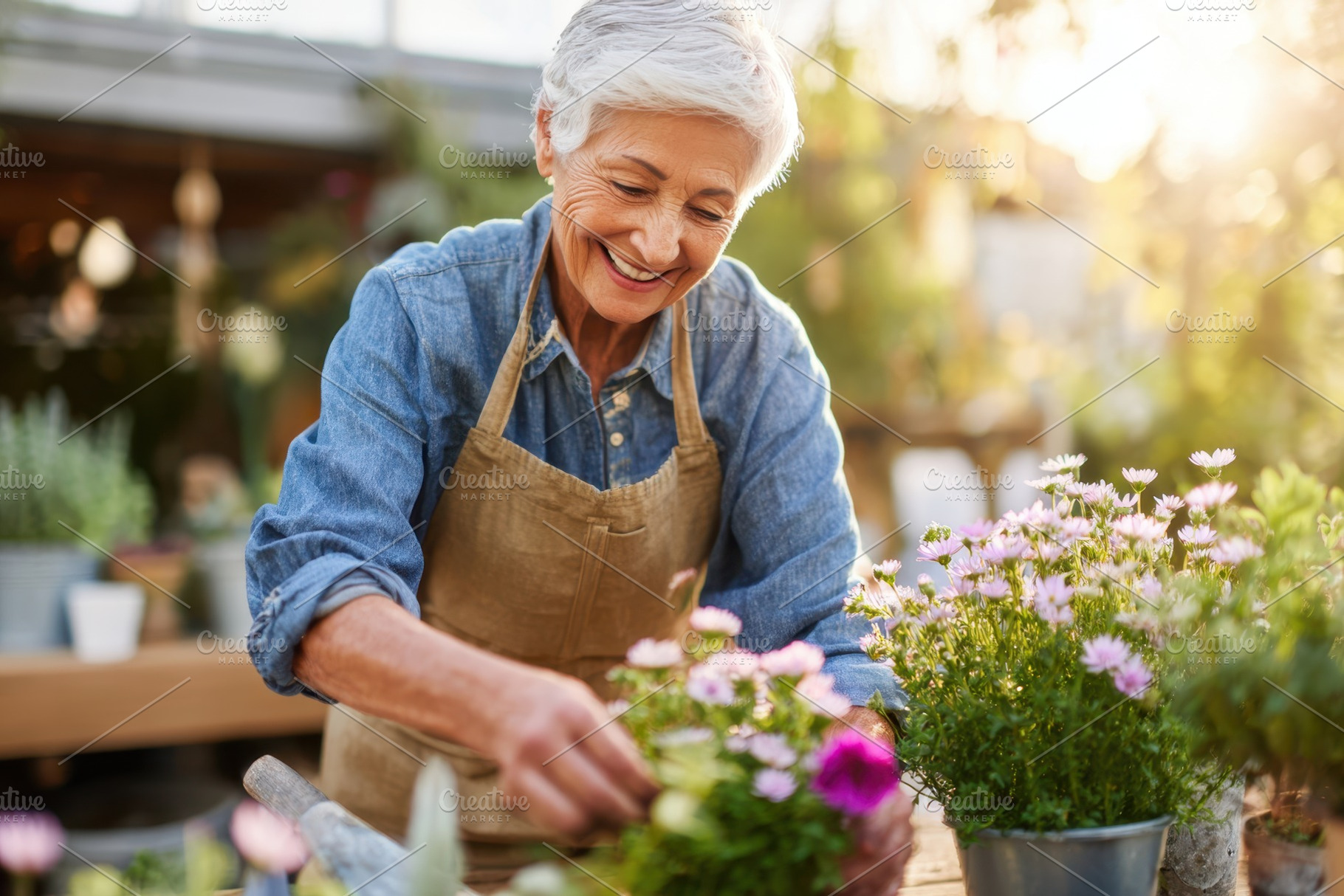 Elderly woman enjoying gardening in sunlight, a Person Photo by AlyaAnd