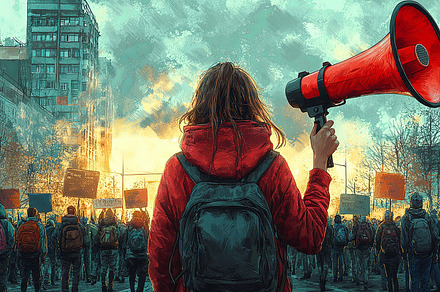 Young woman leading protest with a megaphone during a city demonstration, a Photo by AS photostudio