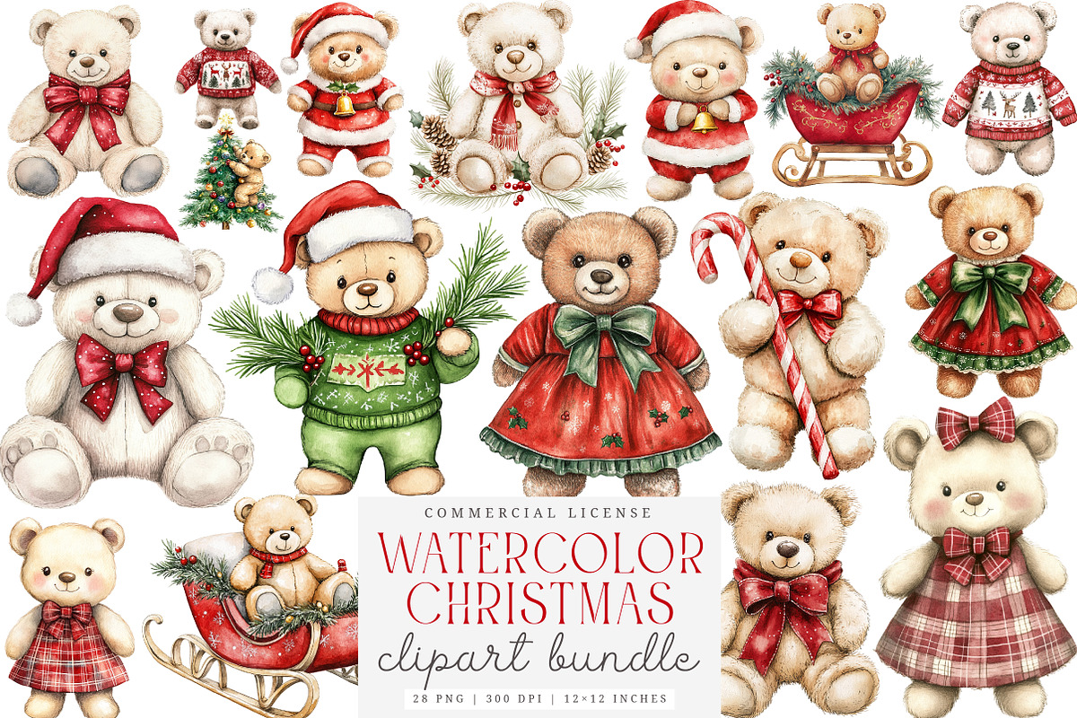 Watercolor Christmas Teddy Bear Png, a Work Illustration by SinaCreation (Photo 1 of 6)