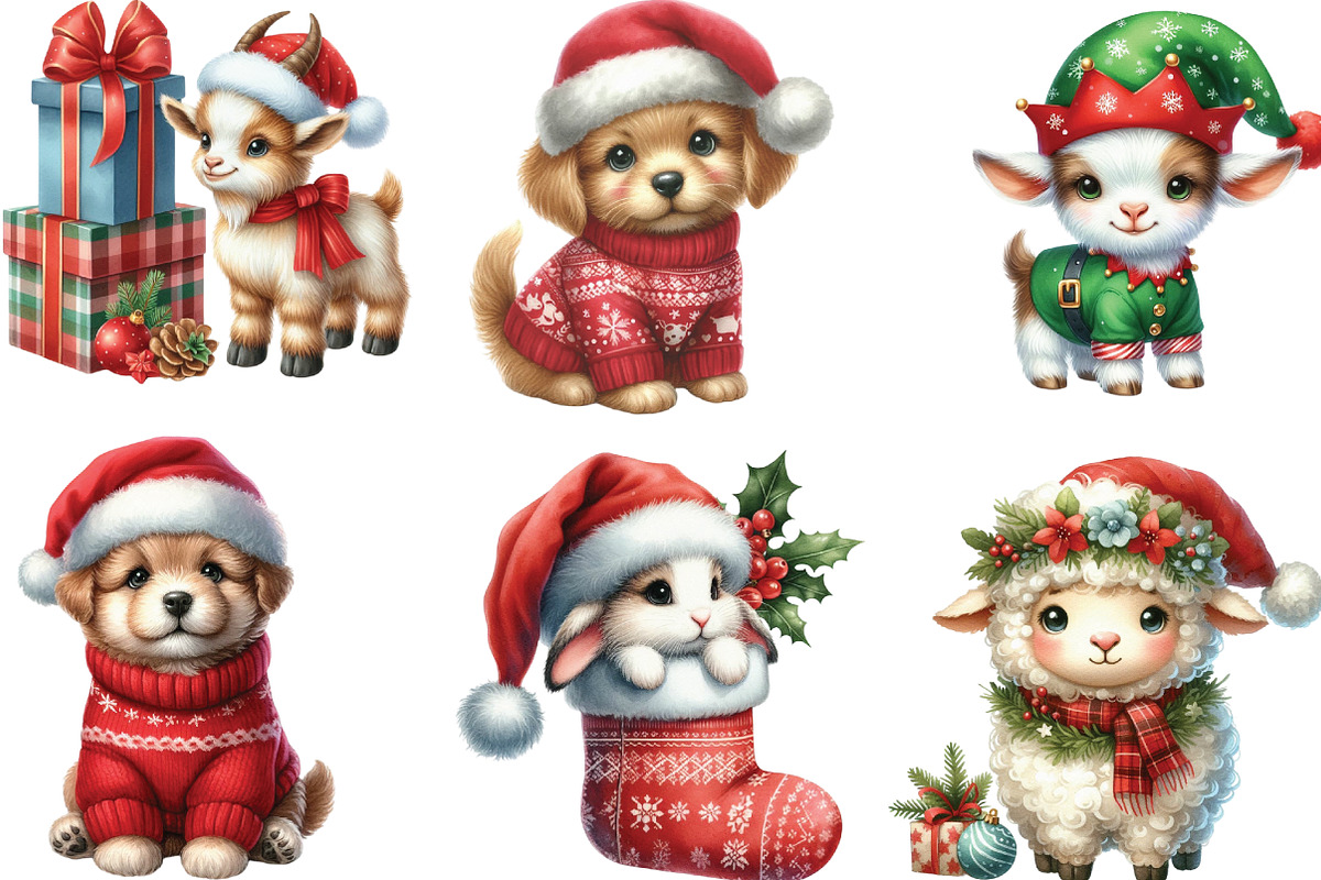 Cute Christmas Farm Animals Clipart, an Illustration by CraftArtStudio (Photo 3 of 6)