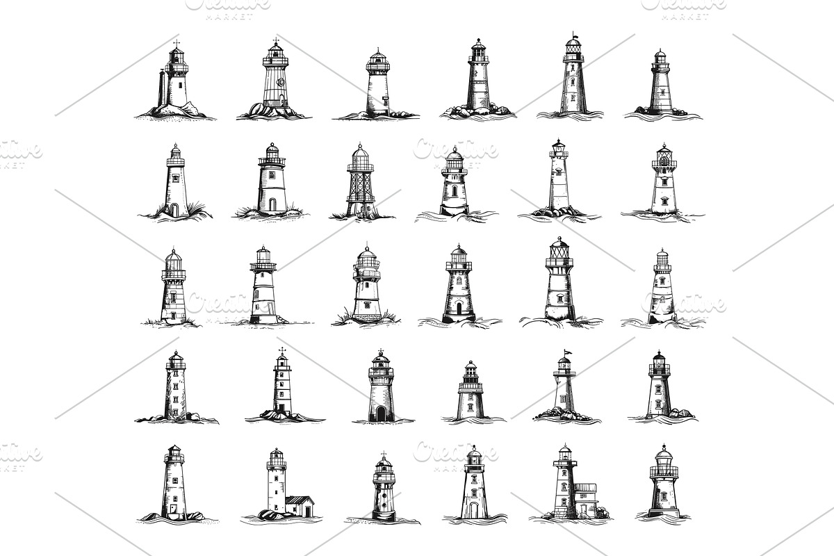 Lighthouses Icons Set Line Engraving, an Object Illustration by LadadikArt