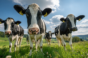 Black and white cows in a green past, a Photo by Pixeness Studio