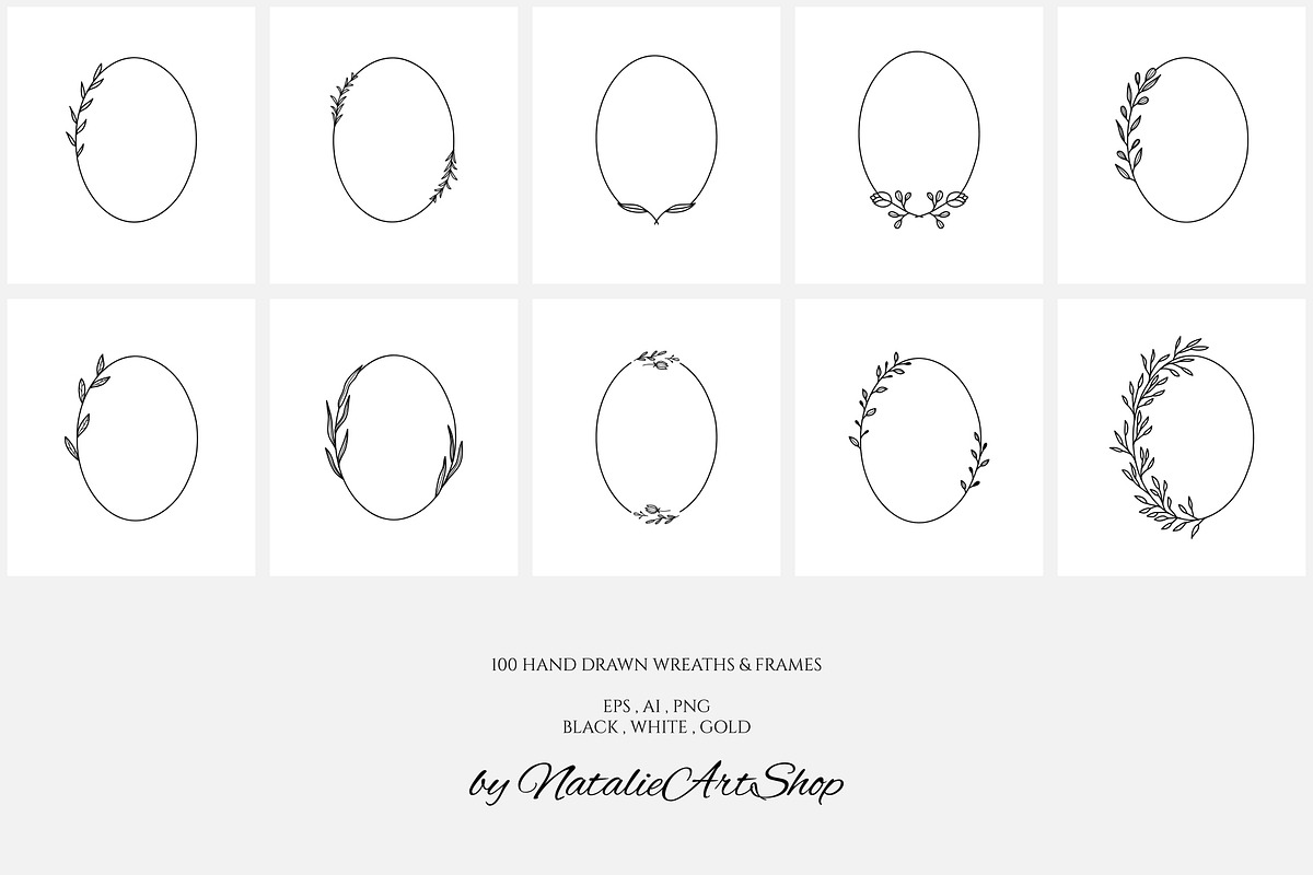 100 Hand Drawn Wreaths and Frames 2, a Work Illustration by NatalieArtShop (Photo 14 of 16)
