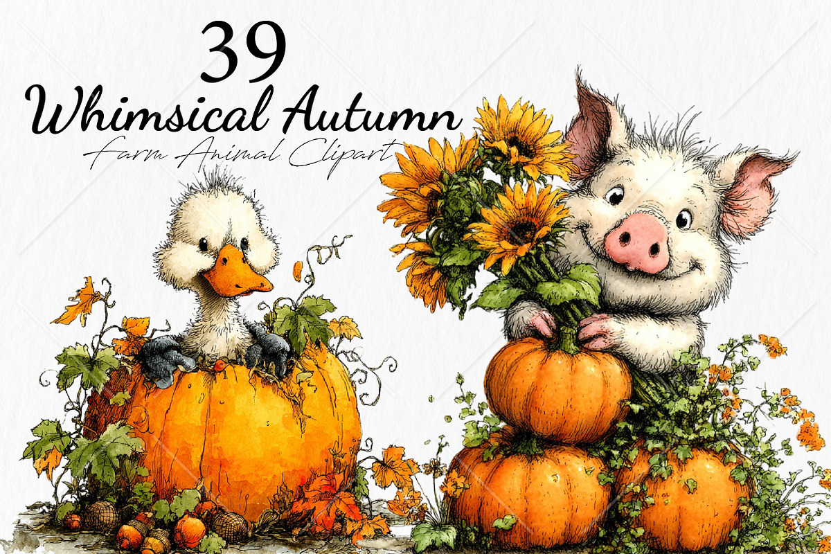 Whimsical Autumn Farm Animal Clipart, a Seasonal Illustration by Canvas Craft (Photo 1 of 10)
