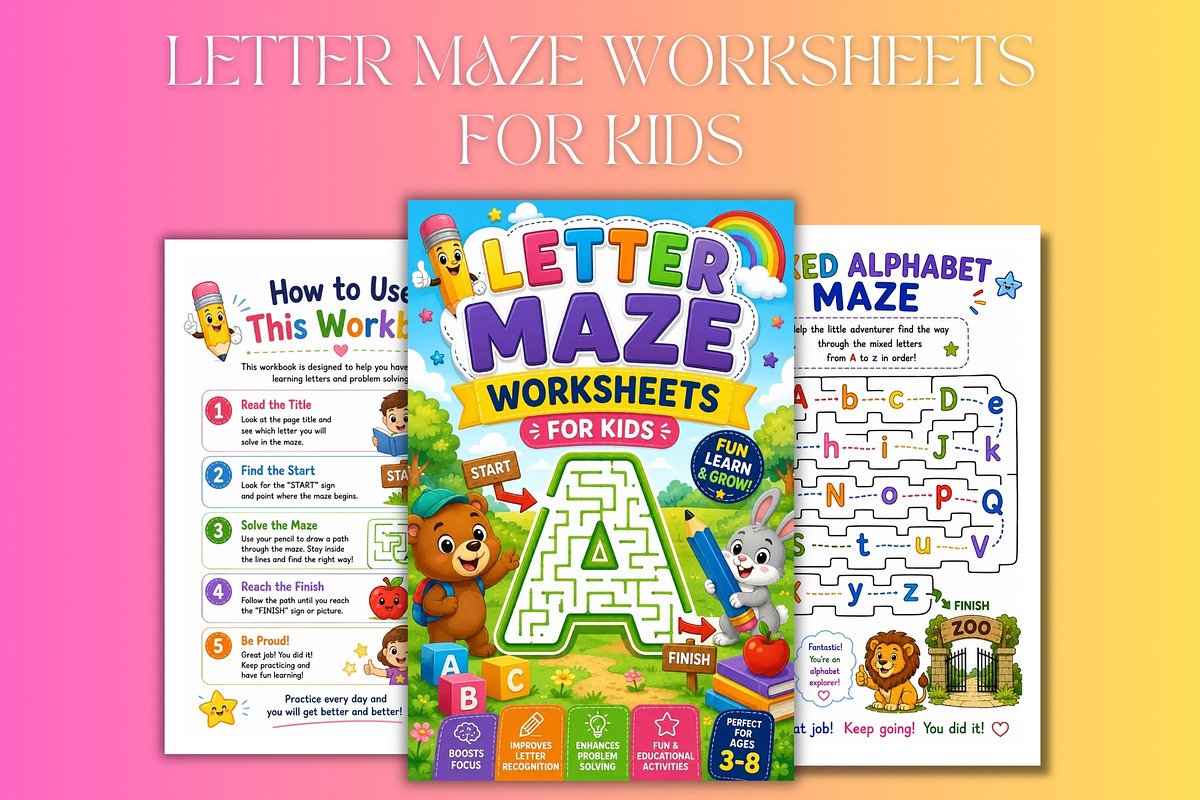 Letter Maze Worksheets for Kids, a Stationery Template by Designmela01 (Photo 3 of 6)