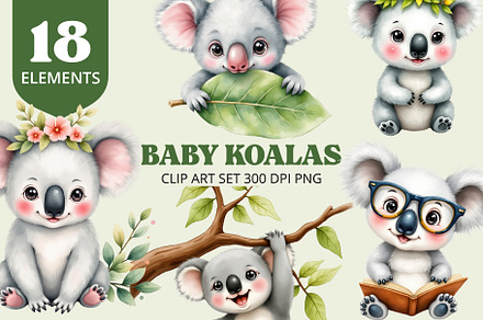 Cute Baby Koala Clipart PNG Set