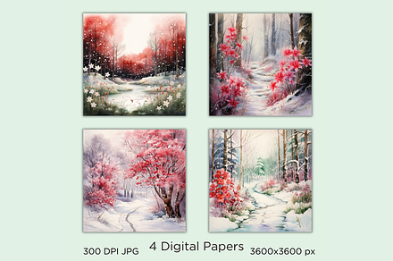 Pink Watercolor Winter Landscape Set