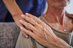 Senior, hands and care for love, support in mature health and generations indoors at home. Hand of a elderly lady holding caregiver in trust, comfort and reliable gentle embrace and respect for elder, a Photo by Peopleimages.com