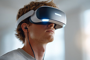 Young man experiencing VR, a Technology Photo by MistyDay