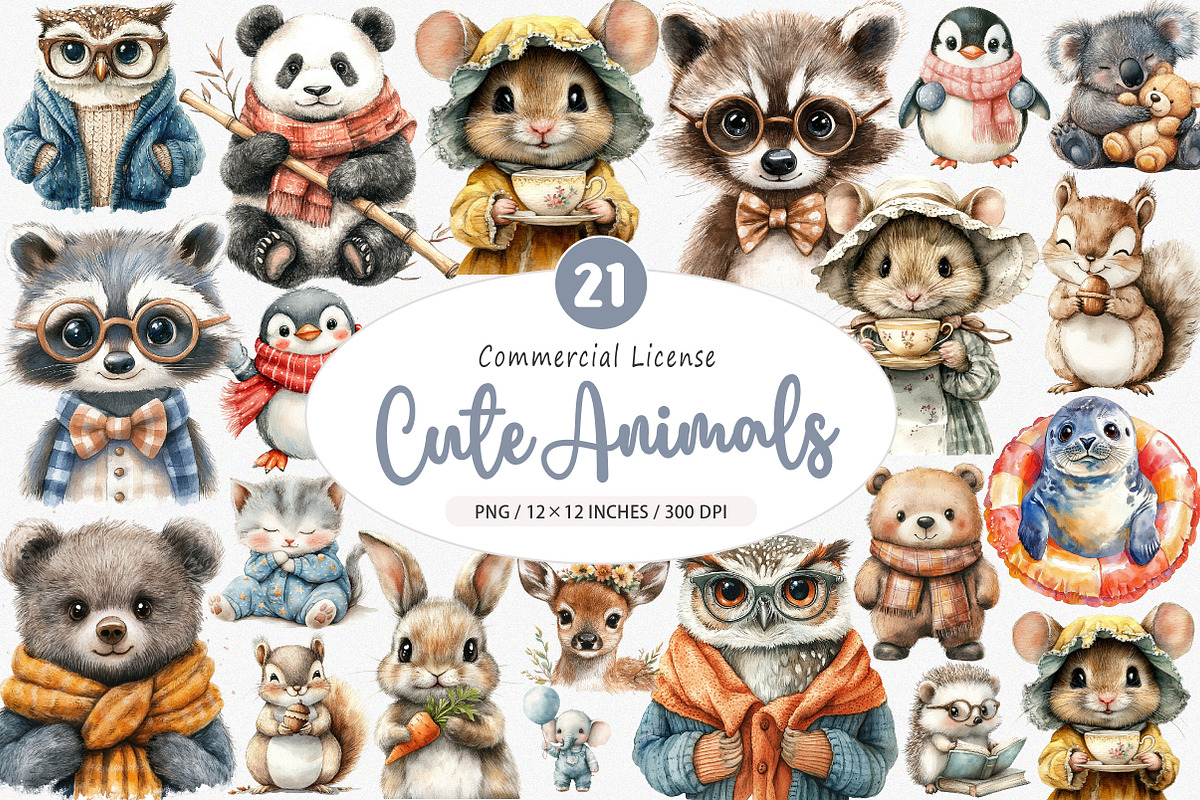 Watercolor Cute Animals Clipart, an Illustration by SinaCreation (Photo 1 of 5)