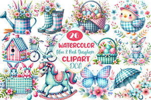 Blue & Pink Gingham Spring Clipart, an Illustration by DreamCafeArt