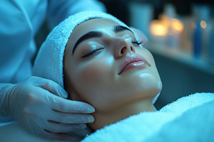 A esthetic technologist woman receiving a facial treatment in a spa setting. Sh, a Person Photo by Textures & Backgrounds