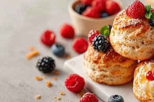 Freshly baked scones with berries and cream, a Food & Drink Photo by AlyaAnd
