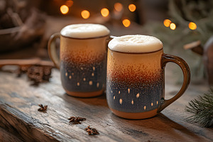 Frothy hot drinks in ceramic mugs on, a Food & Drink Photo by Photostock