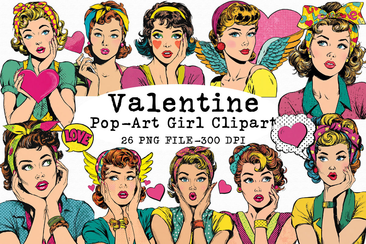 Valentine Pop-Art Girl Clipart, an Illustration by Libby Wishes (Photo 1 of 5)