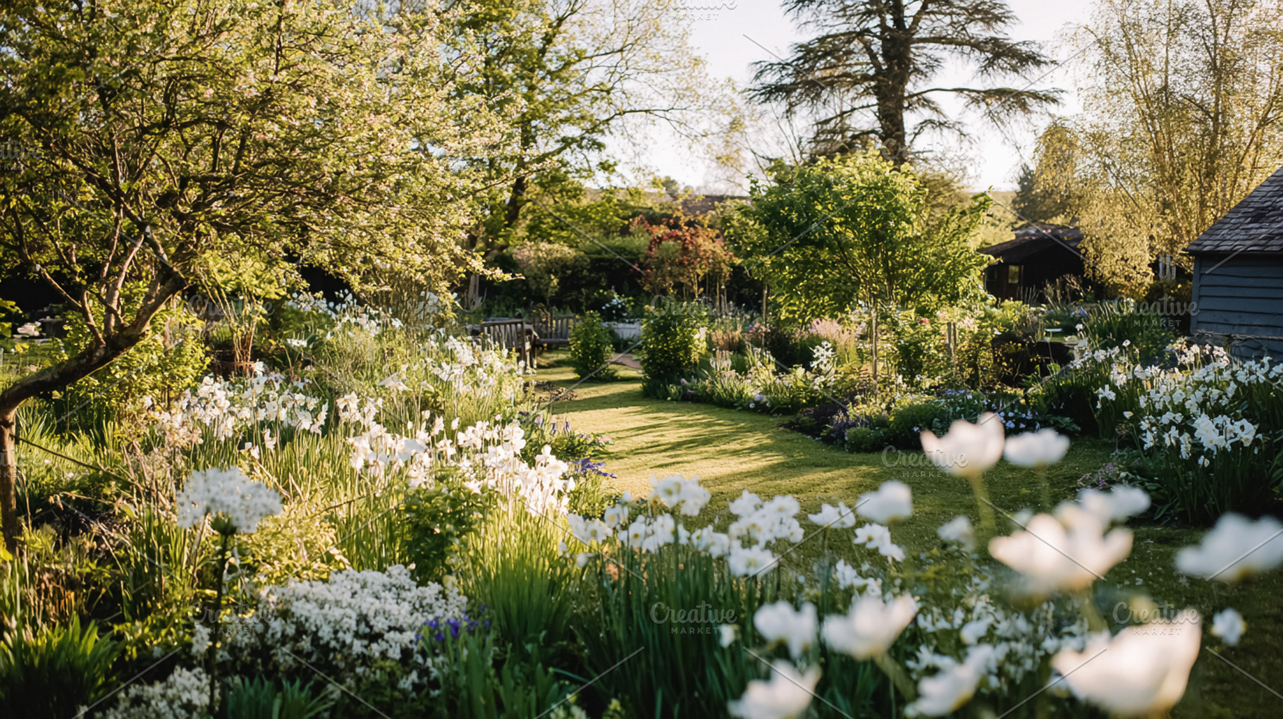 Lush garden design with white blooming flowers, fresh green lawn, a Photo by Studio ANNA