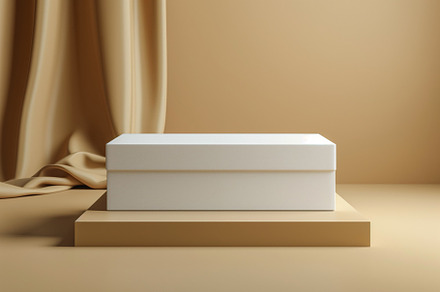 Minimalist white box on a beige pedestal with soft drapery in the background, c, a Business Photo by ImageMir
