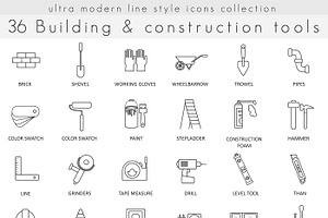 36 Building Construction Line Icons