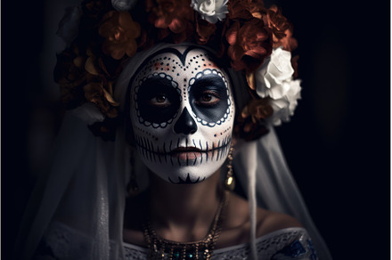 Woman skull holiday makeup. Generate, a Beauty & Fashion Photo by Ylivdesign