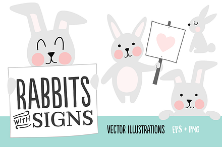 Rabbits with Signs Illustration Set