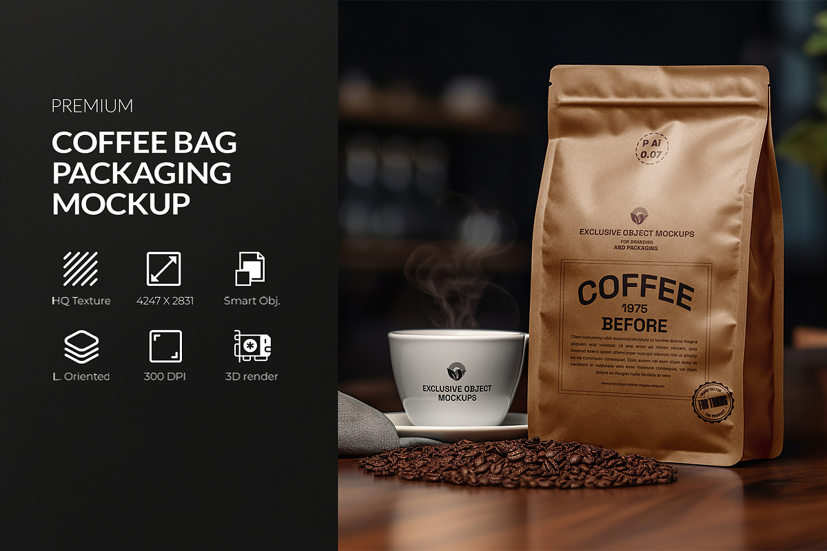 Coffee Bag Packaging Mockup, a Mockup by Ram Studio LLC (Photo 1 of 7)