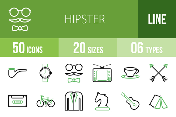 50 Hipster Line Green Black Icons