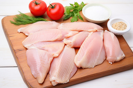 Raw chicken fillets with herbs and tomatoes on wooden background, a Food & Drink Photo by AlyaAnd