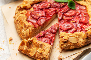 Delicious homemade strawberry galette with almond flakes and fre, a Food & Drink Photo by Olena Rudo