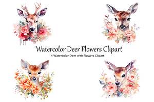 Watercolor Deer Flowers Clipart