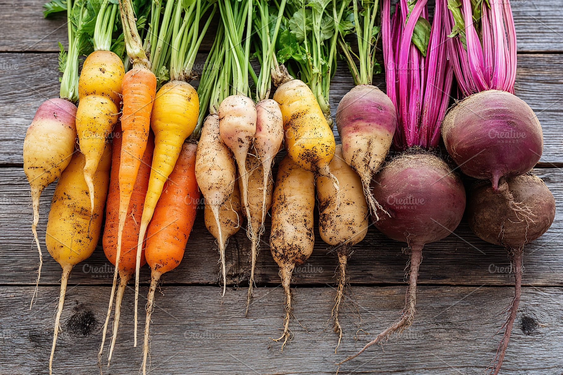 Seasonal root vegetables showcased on wooden surface from local farm harvest, a Photo by AlyaAnd