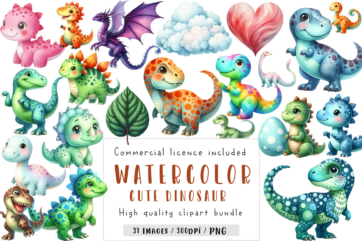 Cute Dinosaurs Clipart, an Illustration by CreationArt (Photo 1 of 5)