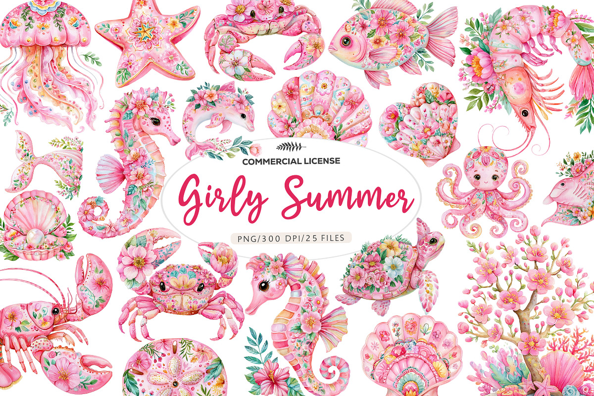 Pink Girly Summer Clipart PNG, a Seasonal Illustration by CreationArt (Photo 1 of 7)