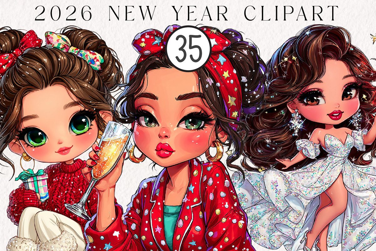 New Year Cute Girl Clipart, an Illustration by CreationArt (Photo 1 of 7)