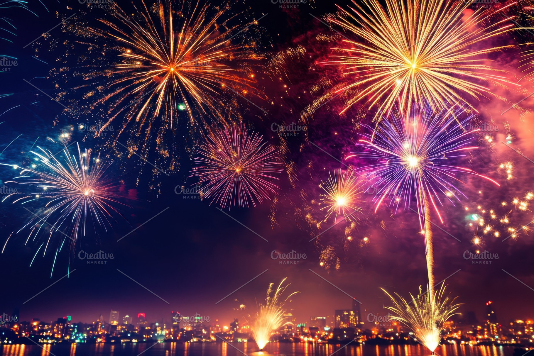 Vibrant Fireworks Display over Citys, a Photo by Pixeness Studio