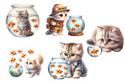 Watercolor Cat and Goldfish Clipart, an Illustration by Designworld (Thumbnail 2 of 3)