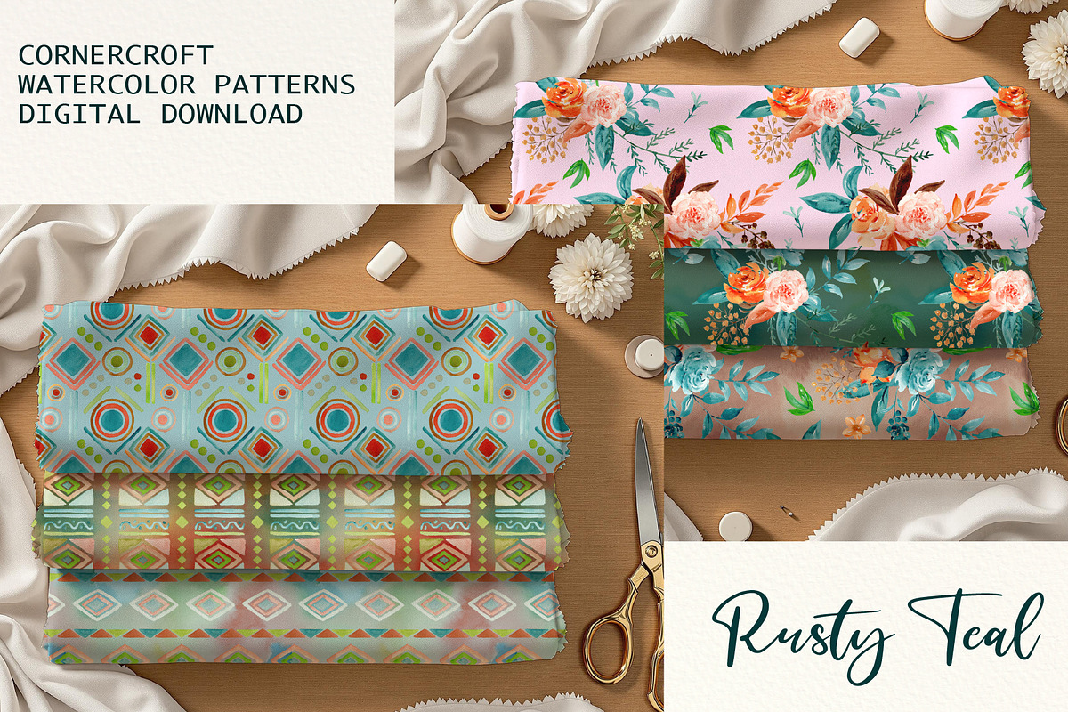 Rusty Teal Floral Clipart & Patterns, an Illustration by Corner Croft (Photo 12 of 13)