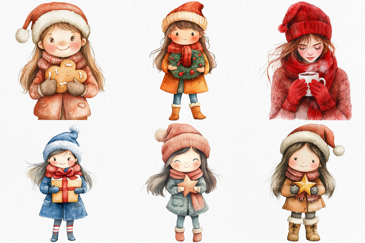 Christmas Girls Watercolor Clipart, an Illustration by Canvas Craft (Photo 4 of 8)