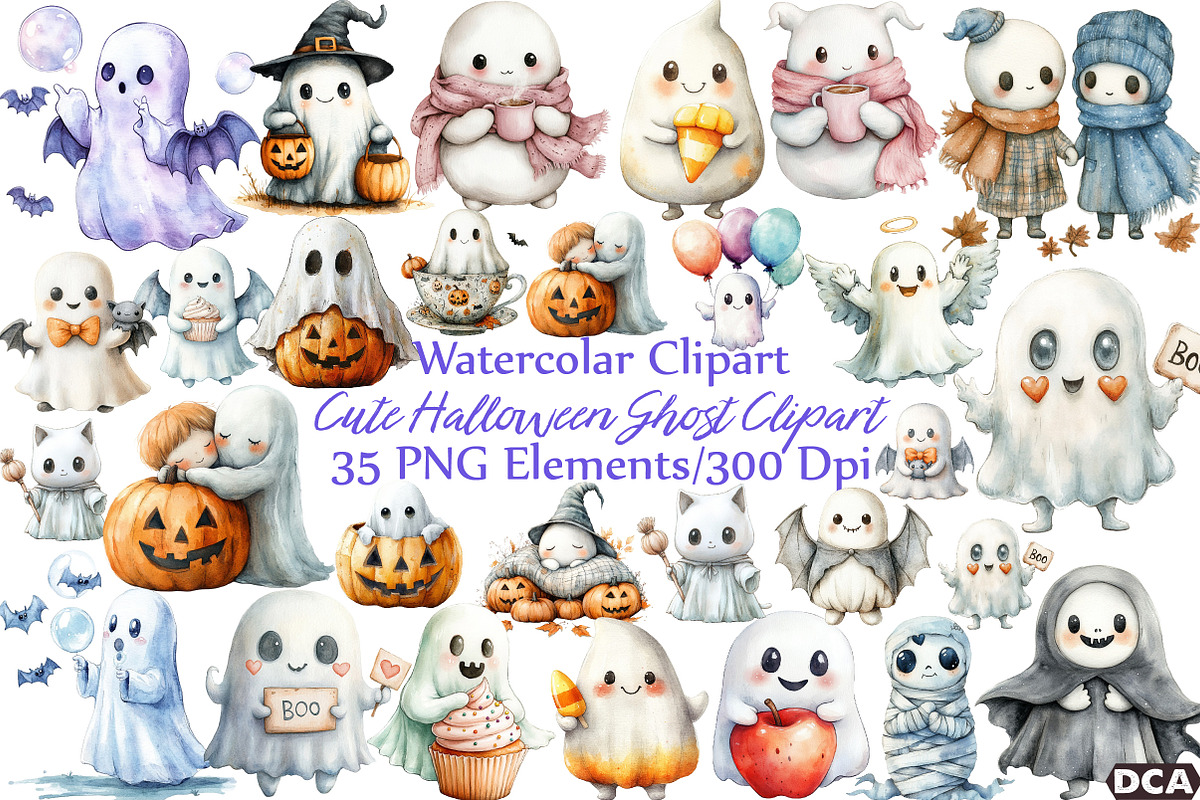 Cute Halloween Ghost Clipart, an Illustration by DreamCafeArt (Photo 1 of 7)
