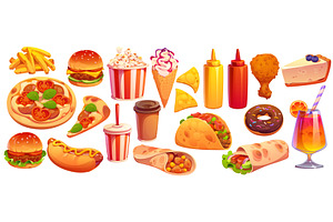 Fast food, dessert and takeaway, a Food Illustration by Vector Tradition