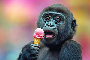 Funny gorilla baby eating ice cream on blurred background, an Animal Photo by AlyaAnd