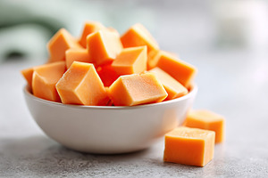 Cubes of cheddar cheese arranged in a white bowl on a kitchen countertop, a Food & Drink Photo by AlyaAnd