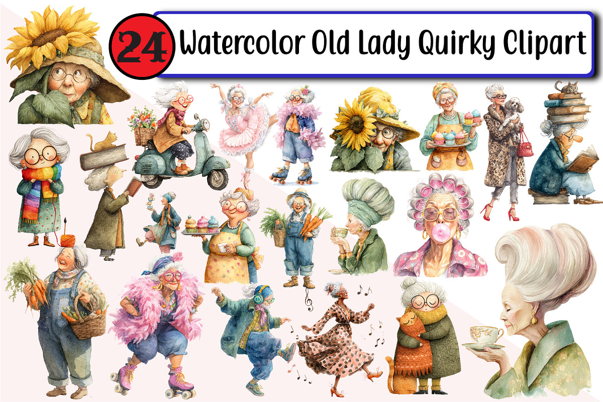 Watercolor Old Lady Quirky Clipart, an Illustration by Design Market (Photo 1 of 3)