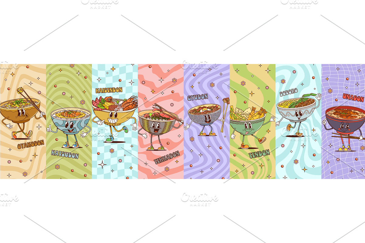 Cartoon groovy Asian cuisine, a Food Illustration by Vector Tradition