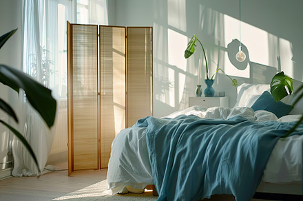Stylish interior of modern bedroom with wooden folding screen, a Beauty & Fashion Photo by AlyaAnd