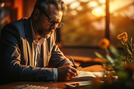 Focused Businessman Working at Desk in Office During Sunset, a Photo by AS photostudio