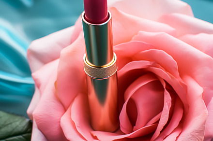 Pink lipstick in a golden tube and blooming rose flower, beauty, a Beauty & Fashion Photo by Anneleven